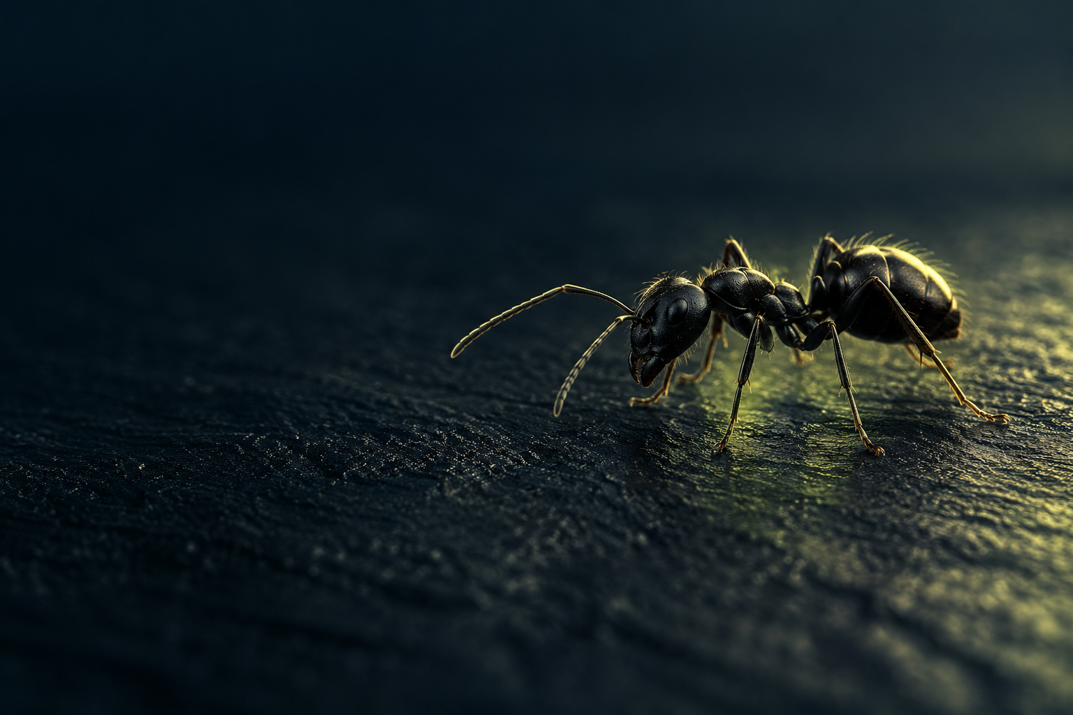 Illustrative macro photograph of a black ant on dark slate
