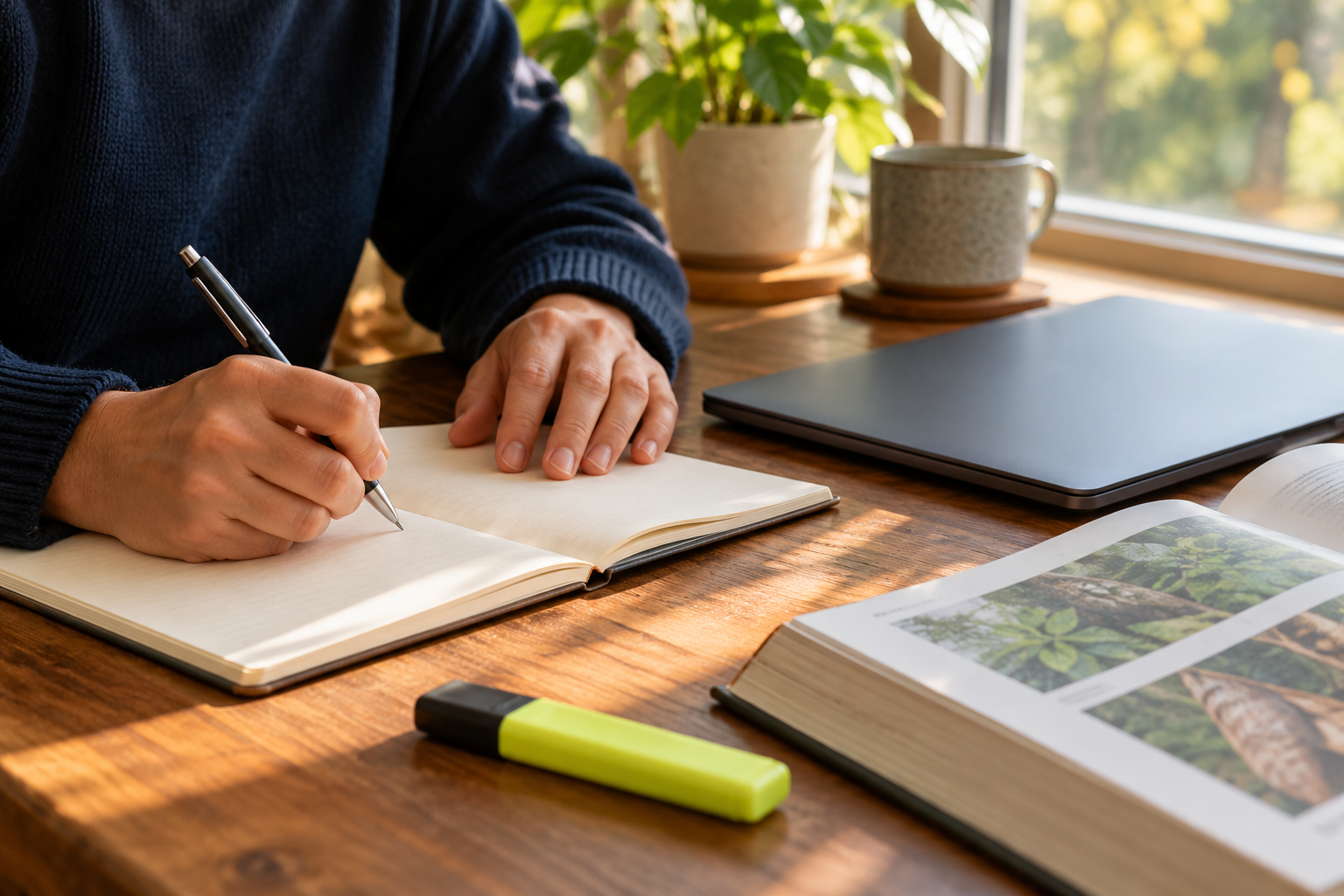 Illustrative study scene: an adult learner taking notes at a desk